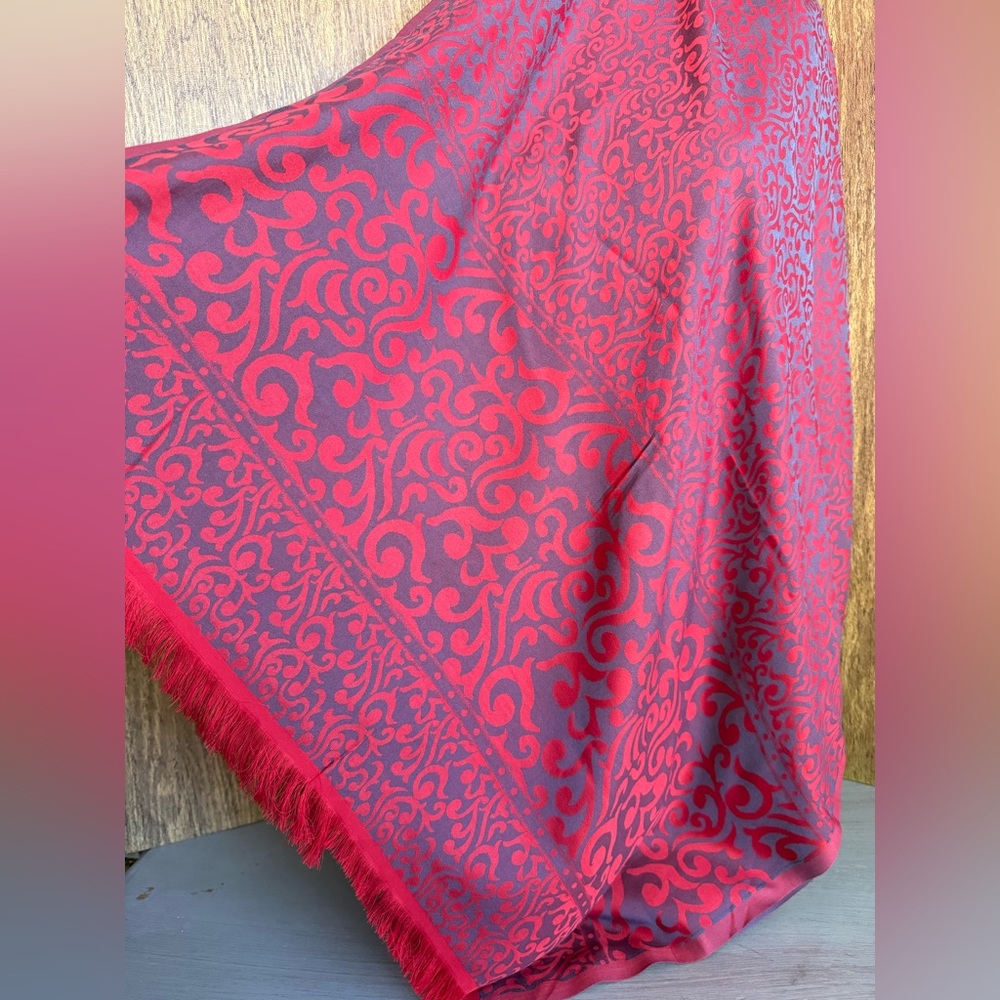 Turkish Fringe Scarf Red & Purple Damask Scroll Jacquard Rectangle  28x68
